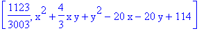 [1123/3003, x^2+4/3*x*y+y^2-20*x-20*y+114]